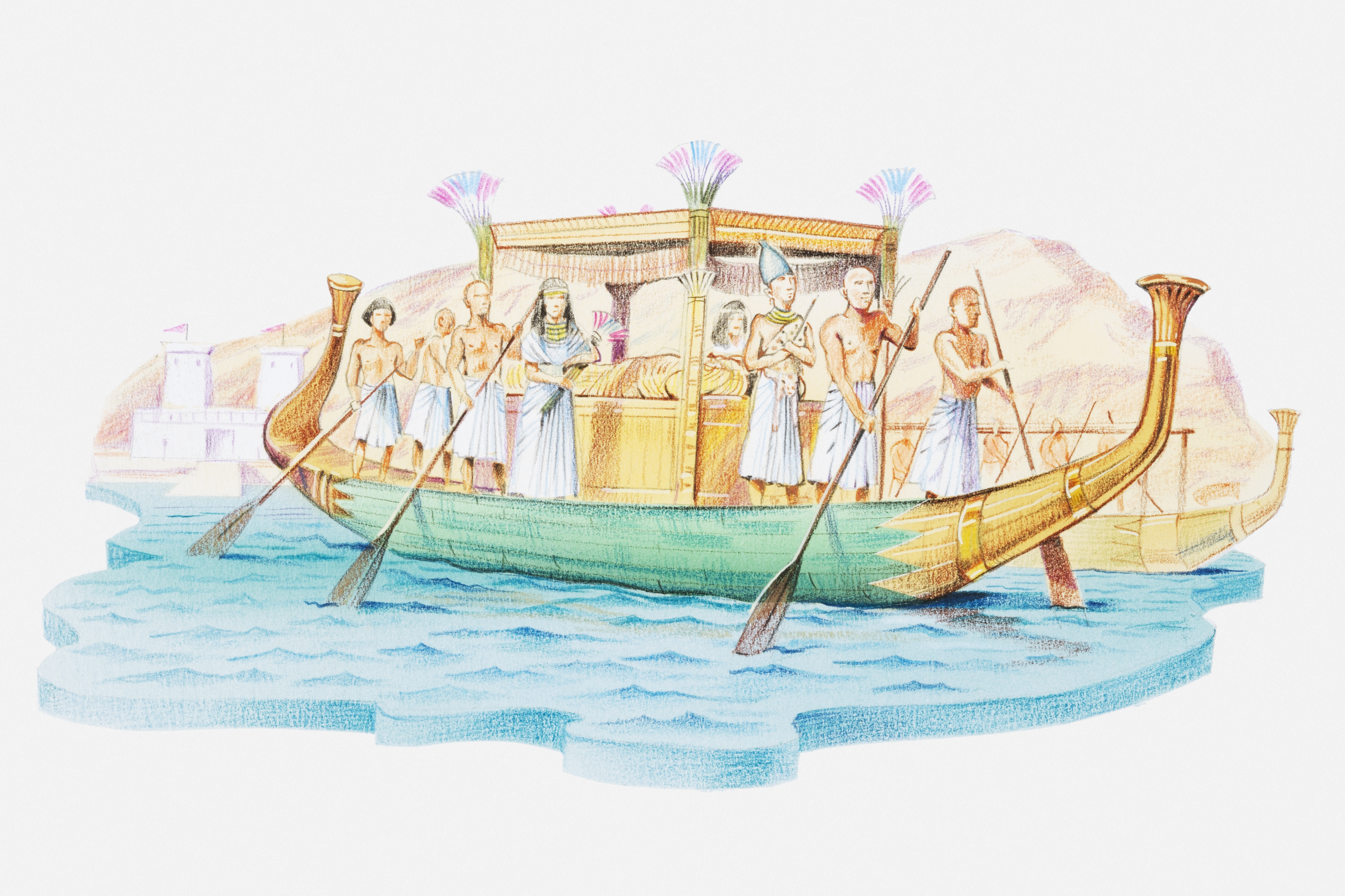 Illustration of Egyptian pharaoh's sarcophagus being transported on a barge